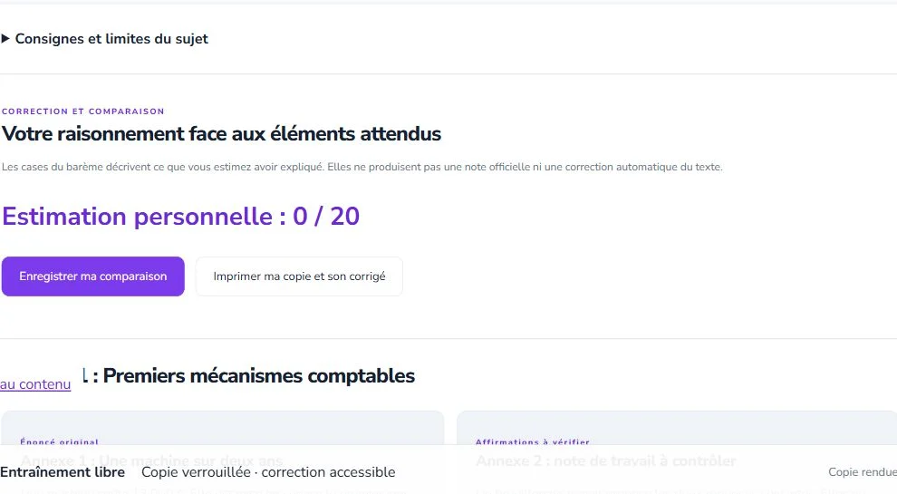 Capture réelle du corrigé SIMDCG et de ses critères de comparaison personnelle.