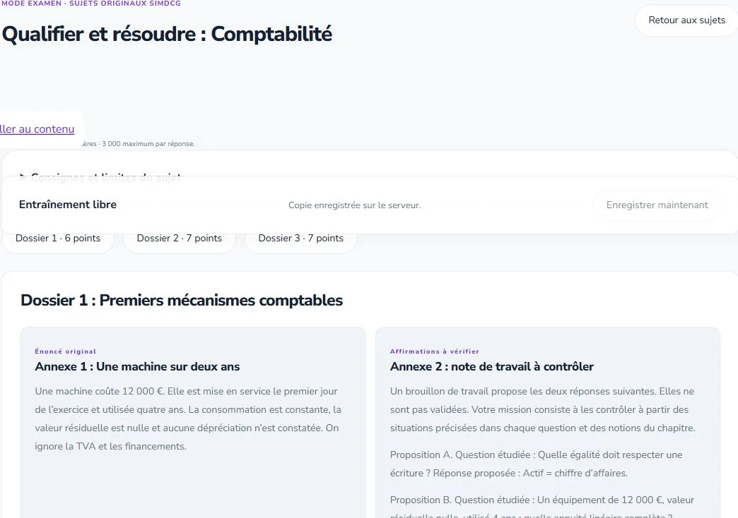 Capture réelle d’un dossier original SIMDCG avec annexes et réponse rédigée en mode examen.